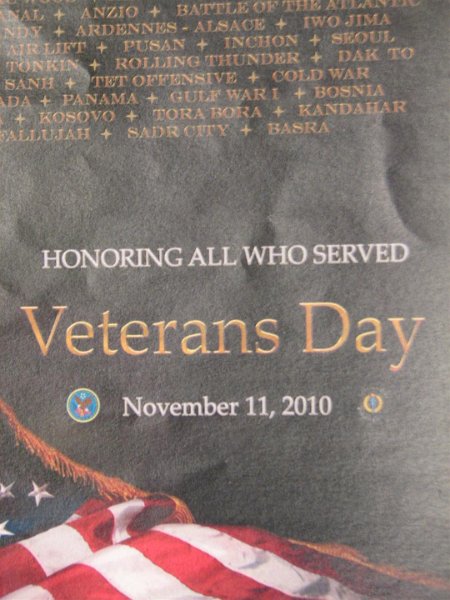 IMG_0146.JPG - “Honoring All Who Served – Veteran’s Day, November 11, 2010” was the title of the 51st Veteran’s Day Observance at Bethesda Veteran’s Park. This has been sponsored by the Kiwanis Club of Bethesda and the American Legion Fitzgerald Cantrell Post #105 since 1959. It’s a great tradition bringing out many civic, veteran and government organizations and citizens to ‘Thank Our Veterans’.