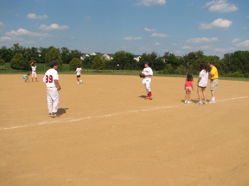 IMG_8884.JPG - The Bethesda Chevy Chase Red Sox are in the outfield with two on base.  Plus a few base runner coaches.   There is excitement among the players out there folks.